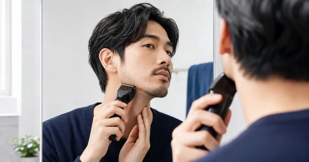 鏡を見ながら電動トリマーでヒゲを整える男性